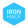 Ironhack logo featuring white text 'IRON HACK' inside a light blue hexagon.